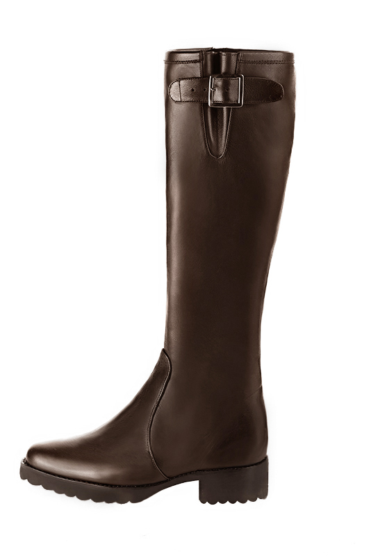 French elegance and refinement for these dark brown knee-high boots with buckles, 
                available in many subtle leather and colour combinations. Record your foot and leg measurements.
We will adjust this beautiful boot with inner zip to your leg measurements in height and width.
The outer buckle allows for width adjustment.
You can customise the boot with your own materials, colours and heels on the "My Favourites" page.
 
                Made to measure. Especially suited to thin or thick calves.
                Matching clutches for parties, ceremonies and weddings.   
                You can customize these knee-high boots to perfectly match your tastes or needs, and have a unique model.  
                Choice of leathers, colours, knots and heels. 
                Wide range of materials and shades carefully chosen.  
                Rich collection of flat, low, mid and high heels.  
                Small and large shoe sizes - Florence KOOIJMAN
